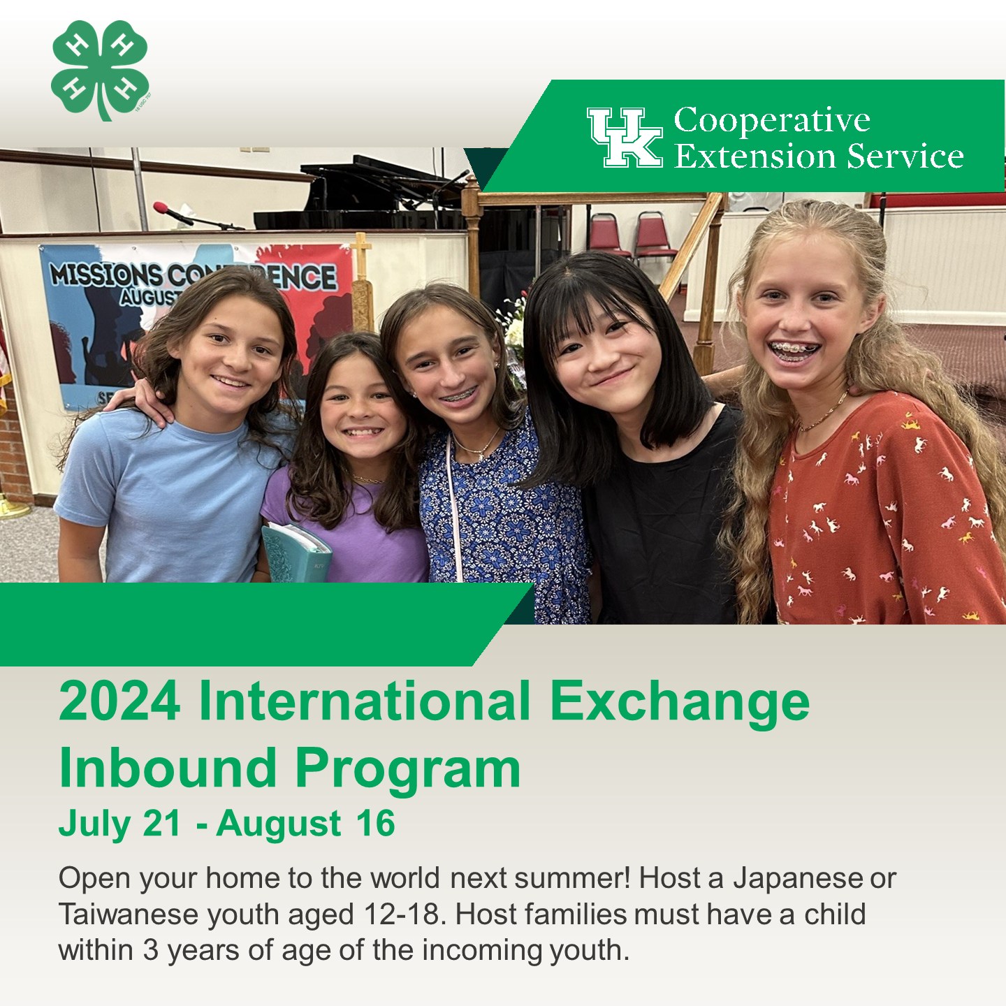 5 young 4-Hers from around the world gather for a photo above text encouraging people to open their homes to host an international exchange student.