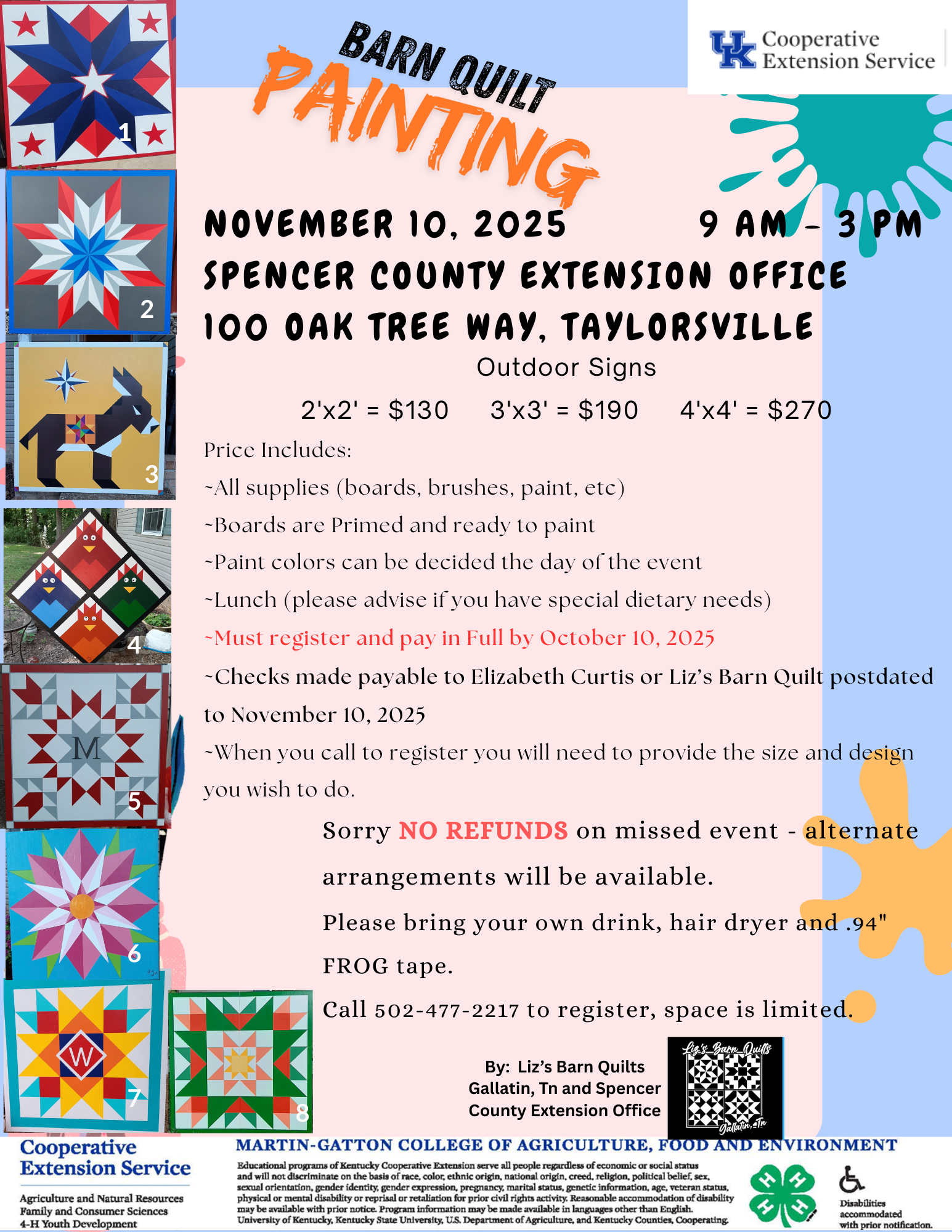 A flyer detailing event information with pictures of each of the barn quilt patterns