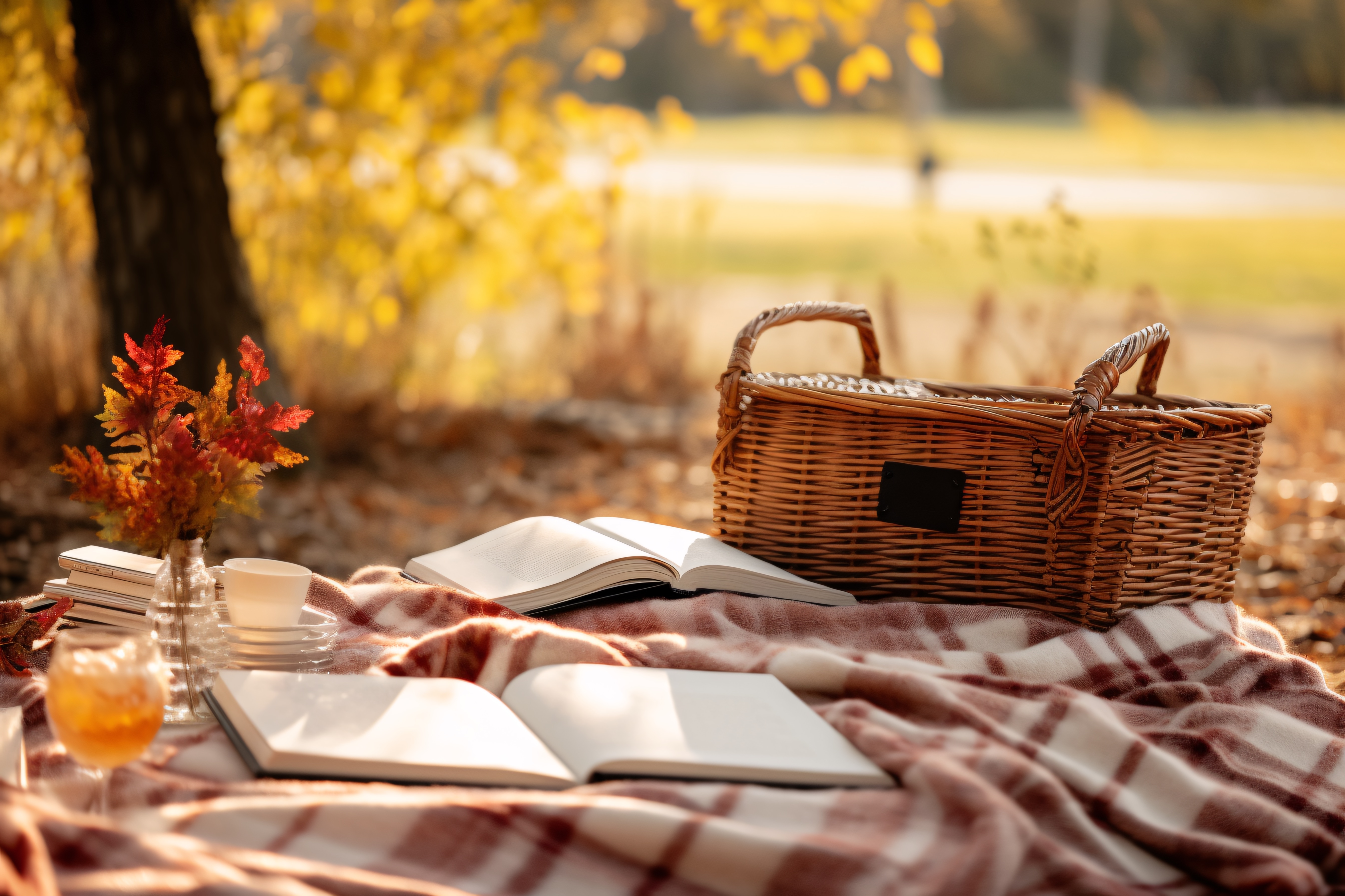 Basket on a picnic blanket on a beautiful fall day