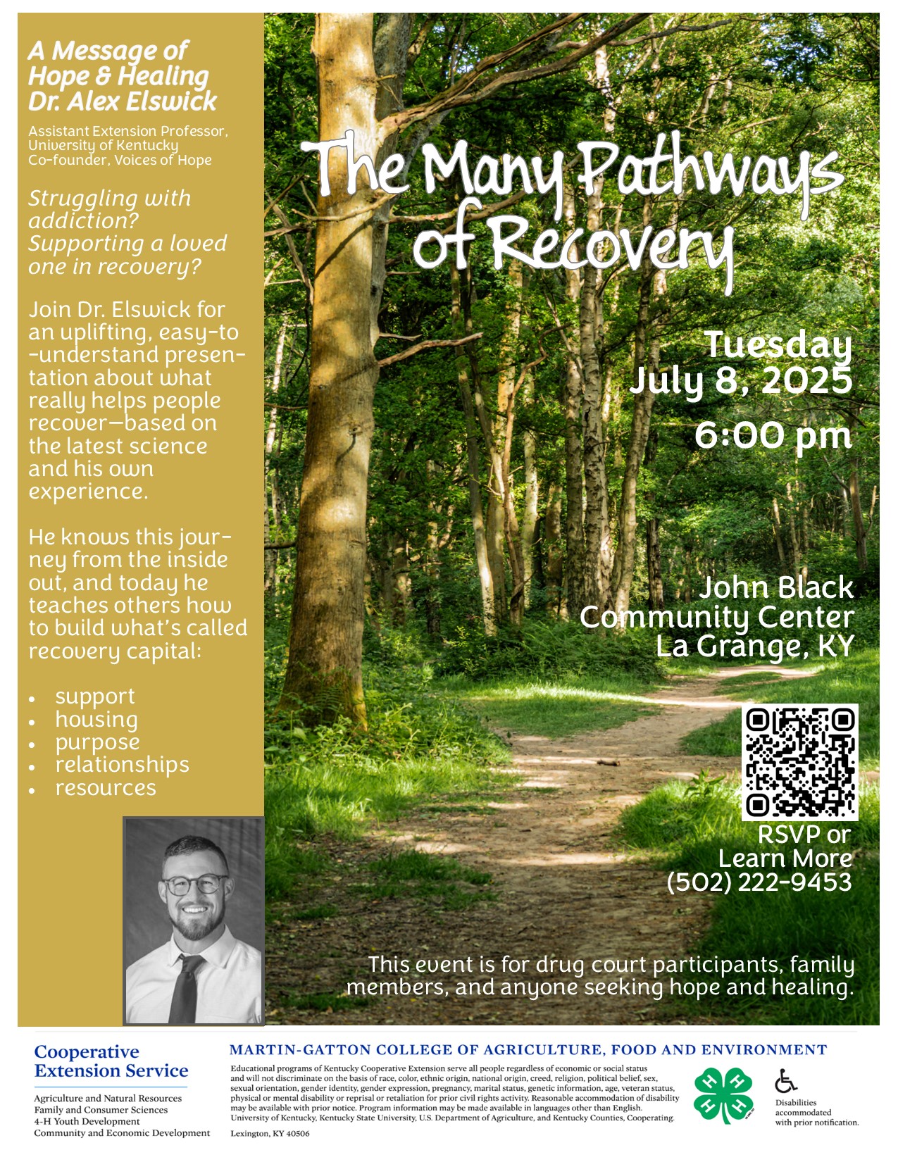 Flyer detailing event information with a head shot of Dr. Alex Elswick and in the background a picture of a dirt path cutting through a green forest.
