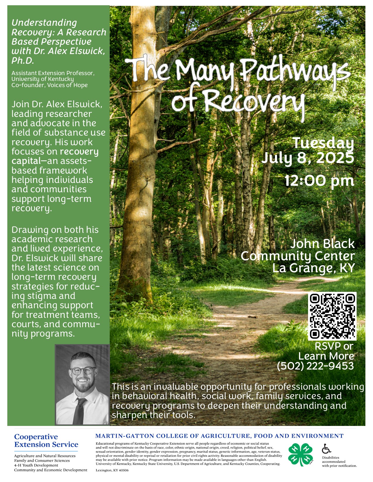 A flyer detailing the event information with a head shot of Dr. Alex Elswick and a background picture of trees and a dirt path.