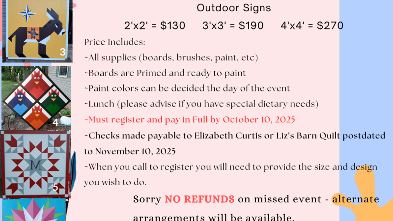 A flyer detailing event information with pictures of each of the barn quilt patterns