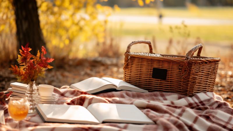 Basket on a picnic blanket on a beautiful fall day