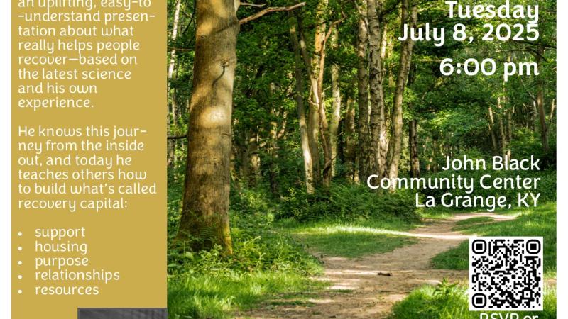 Flyer detailing event information with a head shot of Dr. Alex Elswick and in the background a picture of a dirt path cutting through a green forest.