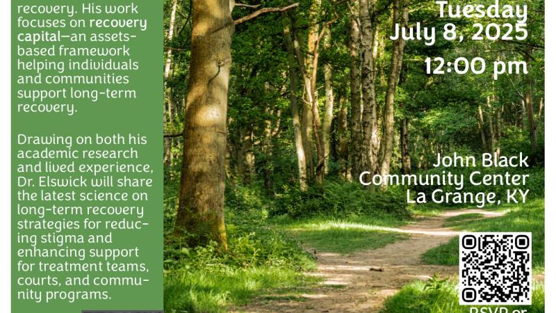 A flyer detailing the event information with a head shot of Dr. Alex Elswick and a background picture of trees and a dirt path.